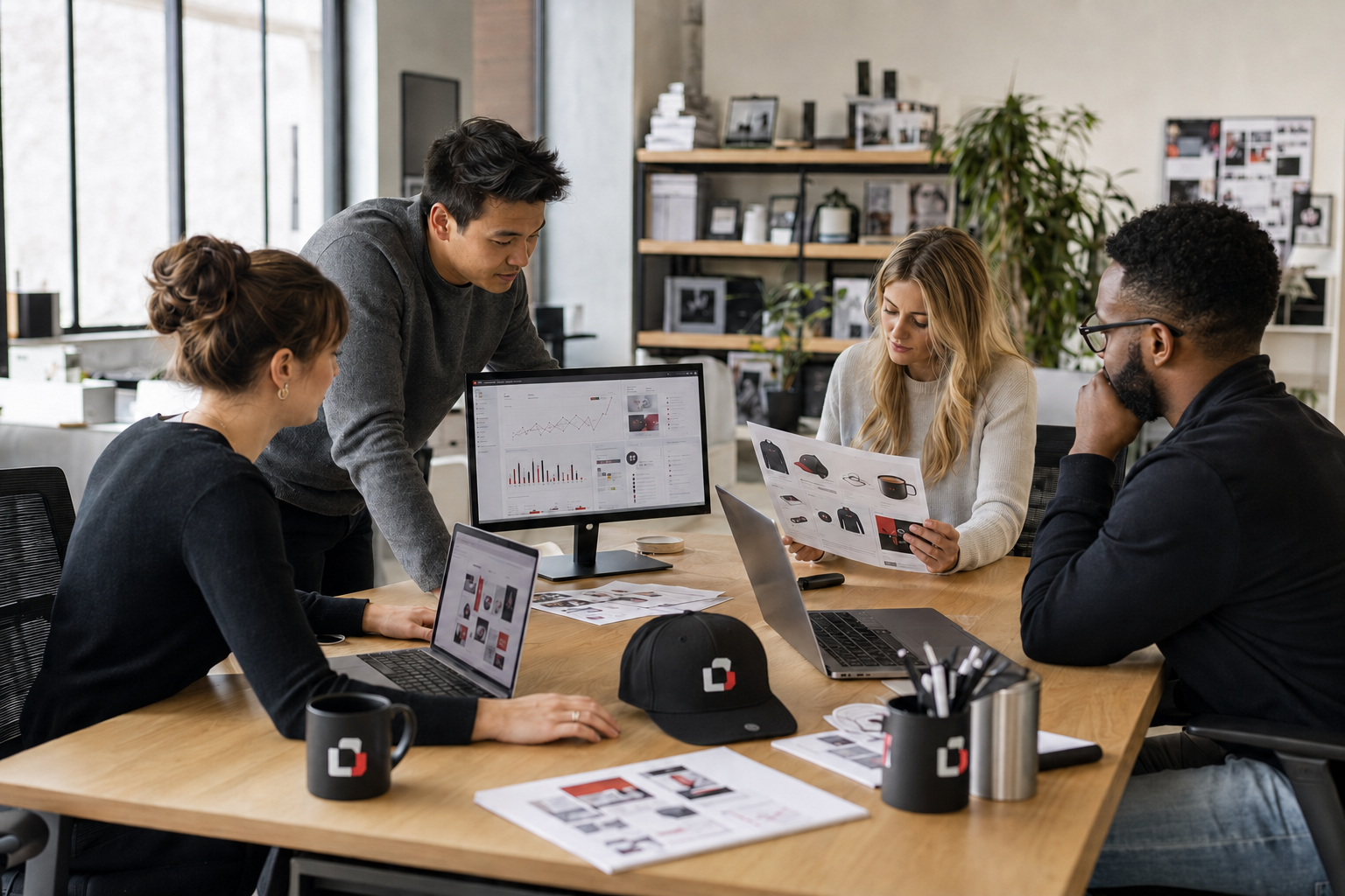 Marketing team working together in an office with coordinated campaign literature and analytics visible on a computer