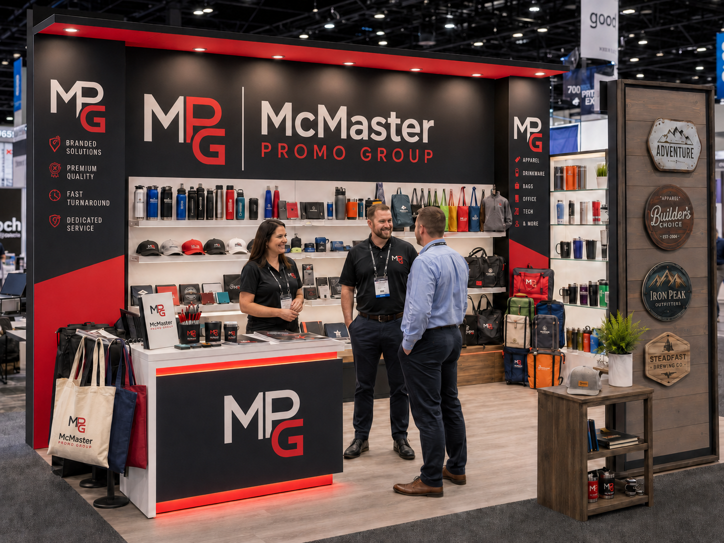 Finished McMaster Promo Group trade-show booth with coordinated signage, promotional product displays, catalogs, and staff